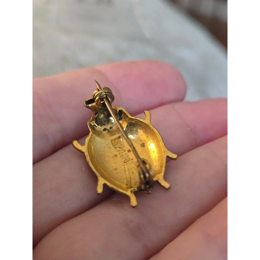 Damascene Green Ladybug Brooch Spain Signed Vintage
